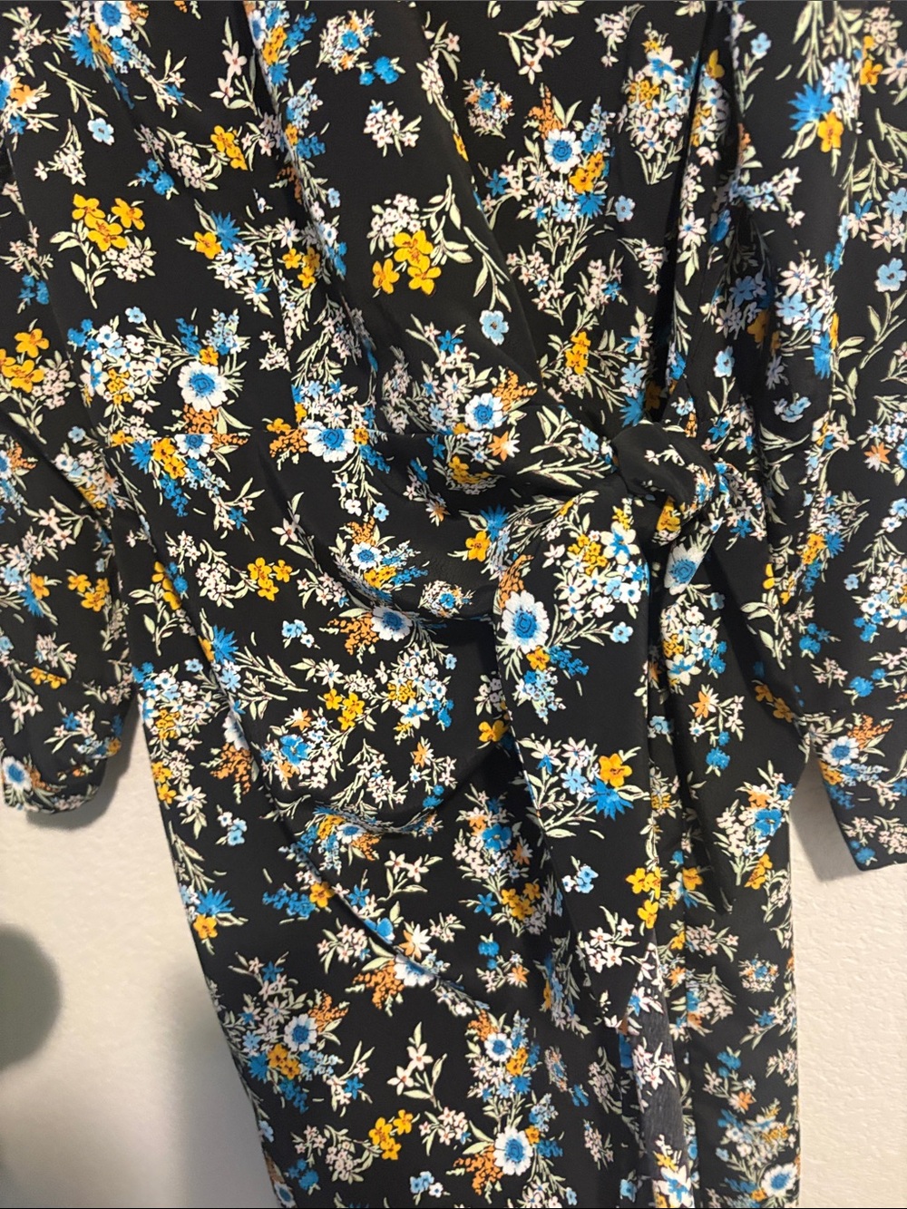 Cato size medium Black Floral Wrap Midi Dress with Blue & Yellow flowers - Picture 4 of 6